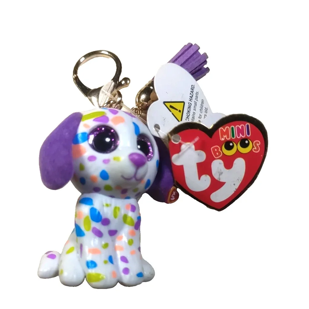 Mini Boos TY Puppy Dog Keychain Hard Plastic Gold Tone White Purple
